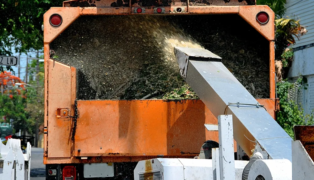 Mulch flying into the back of a chipper truck during a mulching job