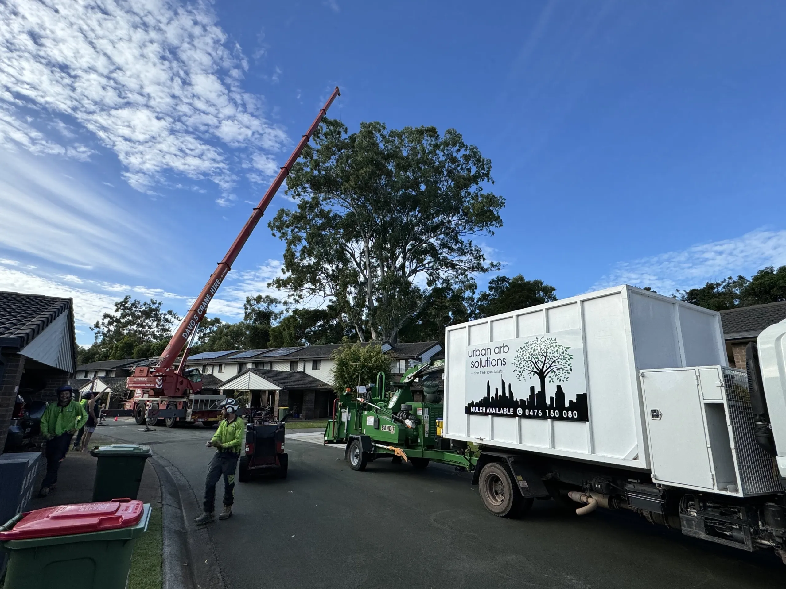 Urban Arb Solutions crew with mulch truck, chipper and crane on a Gold Coast tree removal